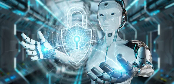 Weißer Roboter schützt Daten mit digitalem Sicherheitsschloss-Hologramm — Stockfoto