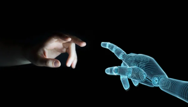 Ρομπότ Wireframed χέρι να έλθει σε επαφή με το ανθρώπινο χέρι σε σκούρο 3d — Φωτογραφία Αρχείου