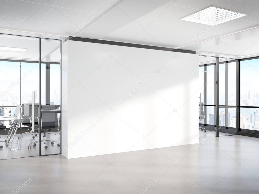 Blank white wall in bright concrete office with large windows Mockup 3D rendering