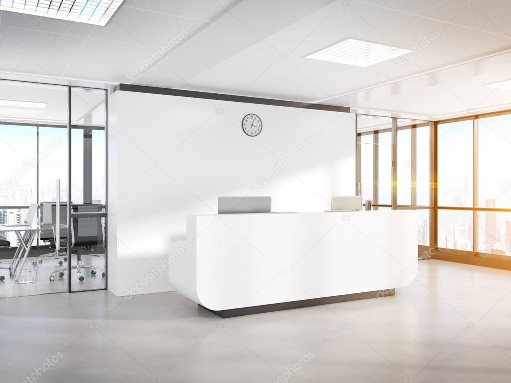 Blank white reception desk in bright concrete office with large windows Mockup 3D rendering