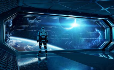 Büyük bir aracılığıyla uzay izlerken futuristik uzay gemisi astronot