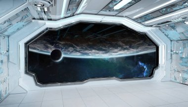 Beyaz mavi uzay gemisi fütüristik iç pencere manzaralı spa