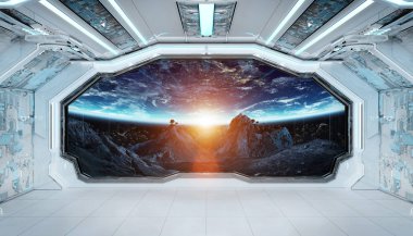 Beyaz mavi uzay gemisi fütüristik iç pencere manzaralı spa