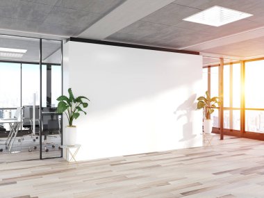 Büyük pencereler Mockup 3 ile parlak beton ofiste Boş duvar