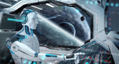 Robot bir beyaz modern uzay gemisi galibiyetle uçan bir kontrol odasında