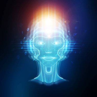 Robot cyborg baş yapay zeka 3d render öğrenme