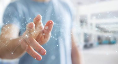 Nokta ile yüzen dijital ağ bağlantılarını kullanan işadamı
