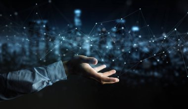 Nokta ile yüzen dijital ağ bağlantılarını kullanan işadamı