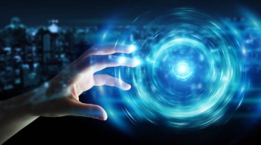 Yeni futuristik enerji güç kaynağı 3D rende oluşturma işadamı