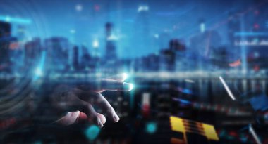 Verileri 3D ile dijital teknolojik arayüz kullanan işadamı 