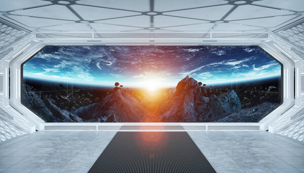 White blue spaceship futuristic interior with window view on space and planets 3d rendering elements of this image furnished by NASA