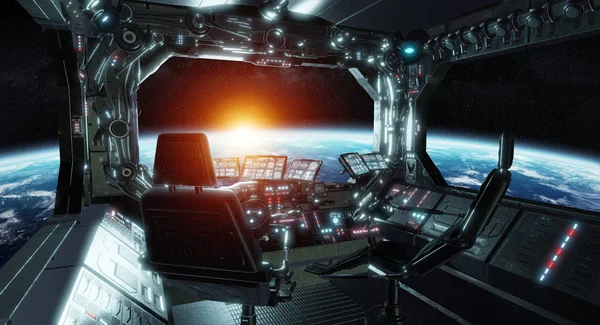 Nave espacial grunge sala de controle interior com vista para o espaço 3D ren — Fotografia de Stock
