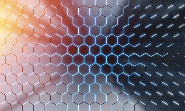 Glowing black blue and orange hexagons background pattern on sil — Stock Photo, Image