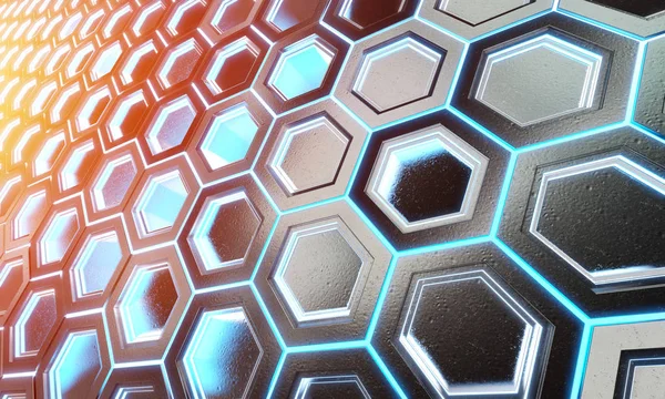 Glowing black blue and orange hexagons background pattern on sil — Stock Photo, Image