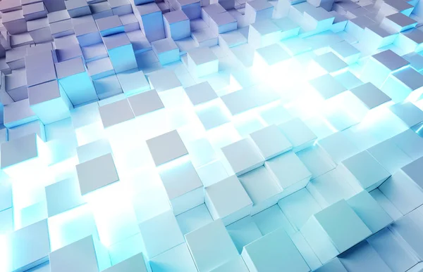 Glowing white and blue squares background pattern 3D rendering