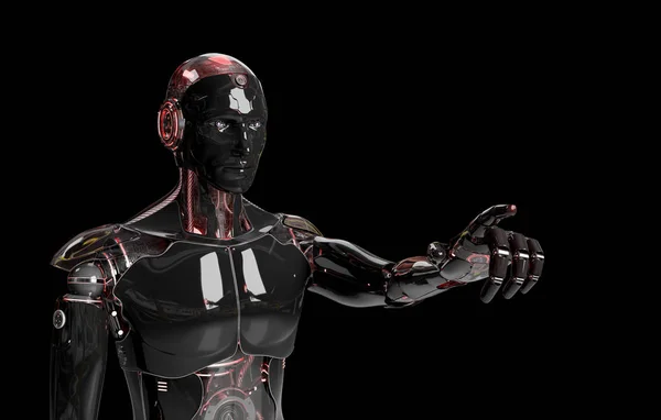 Μαύρο και κόκκινο έξυπνο ρομποτικό ρομπότ που δείχνει το δάχτυλο στο σκούρο 3 — Φωτογραφία Αρχείου