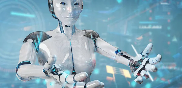 Hvit humanoid robot som bruker digitalt teknologisk grensesnitt mot – stockfoto