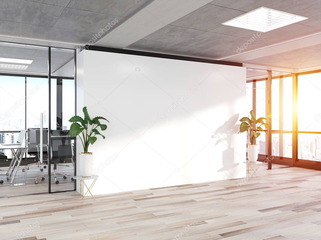 Blank white wall in bright concrete office with large windows Mockup 3D rendering