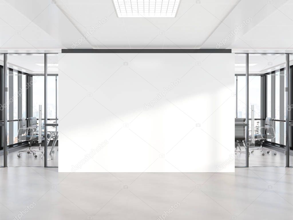 Blank white wall in bright concrete office with large windows Mockup 3D rendering