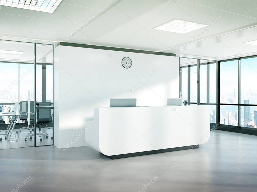 Blank white reception desk in bright concrete office with large windows Mockup 3D rendering