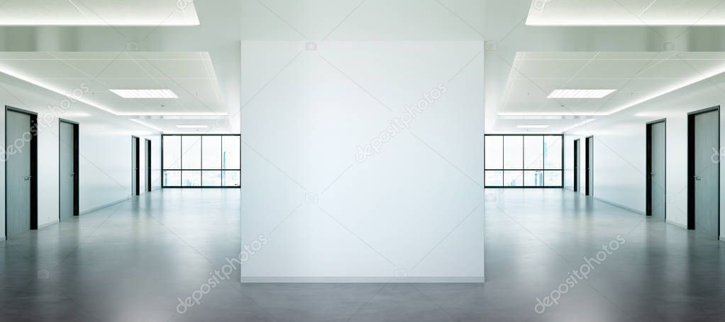 Blank squared wall in bright office mockup with large windows and sun passing through 3D rendering