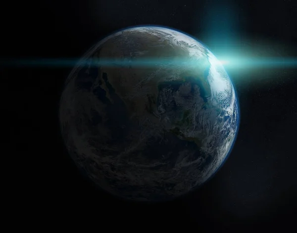 View of blue planet Earth on America during a sunrise 3D renderi — Stock Photo, Image