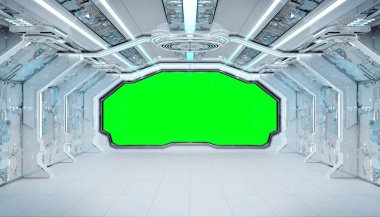 Beyaz mavi uzay gemisi fütüristik iç mockup pencere Manzaralı