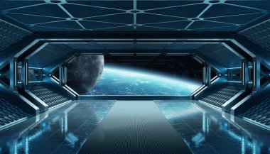 Koyu mavi uzay gemisi fütüristik iç planı üzerinde pencere Manzaralı