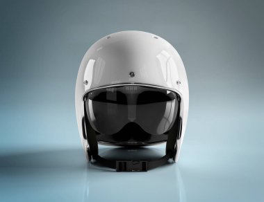 Beyaz vintage motosiklet kask mavi arka plan Mocku izole
