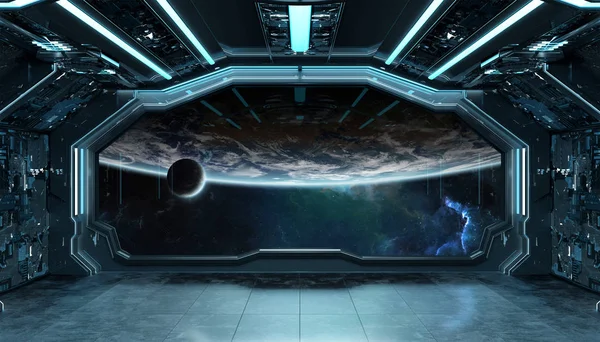 Nave espacial azul escuro interior futurista com vista janela no plano — Fotografia de Stock
