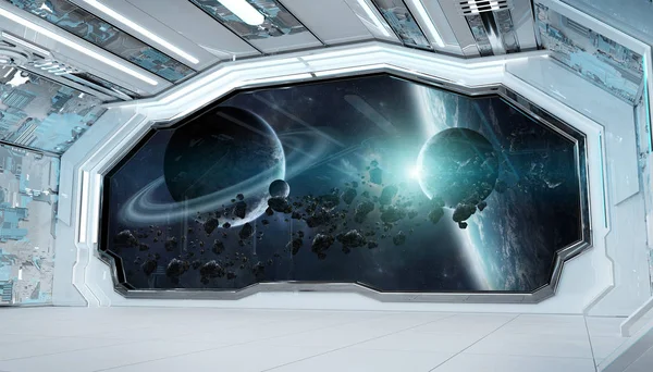 スパのウィンドウ ビュー ホワイト ブルーの宇宙船未来的なインテリア — ストック写真