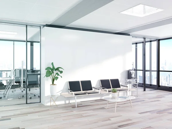 Blanco witte muur in betonnen wachtkamer met grote ramen moc — Stockfoto