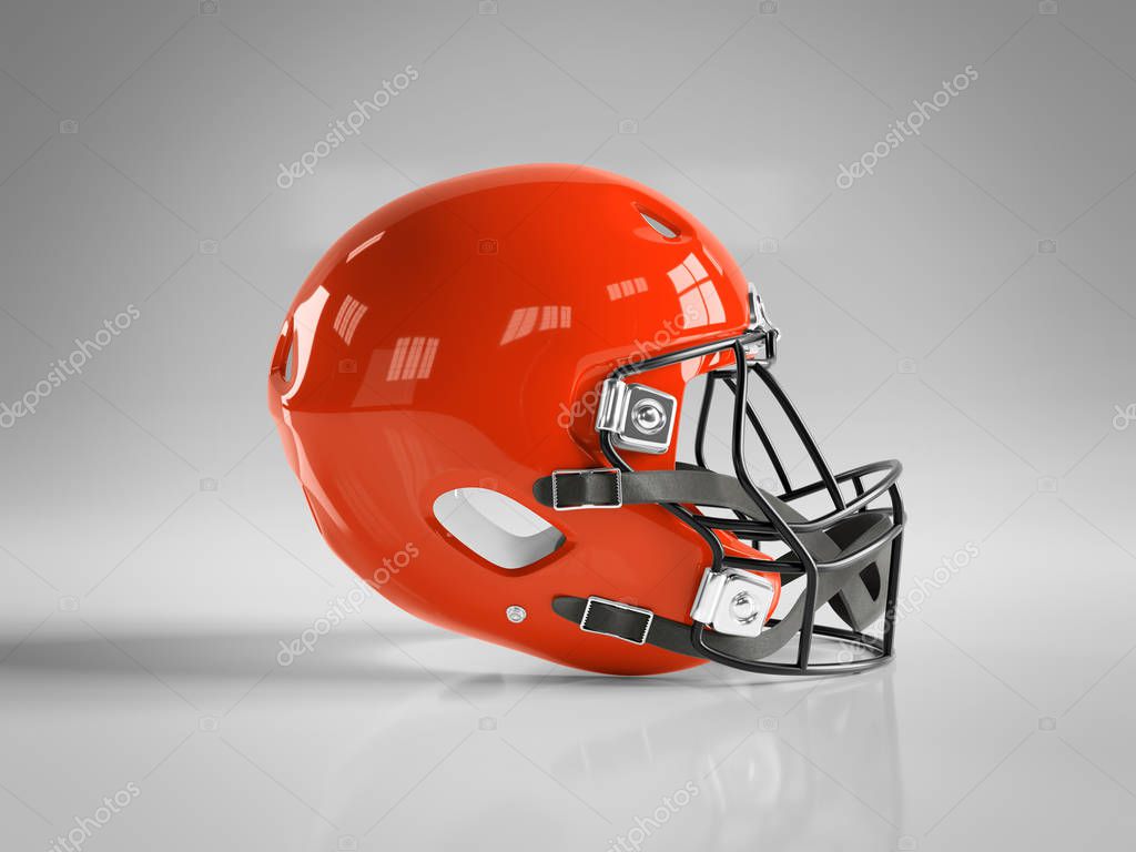 Red American football helmet isolated on grey background mockup 3D rendering
