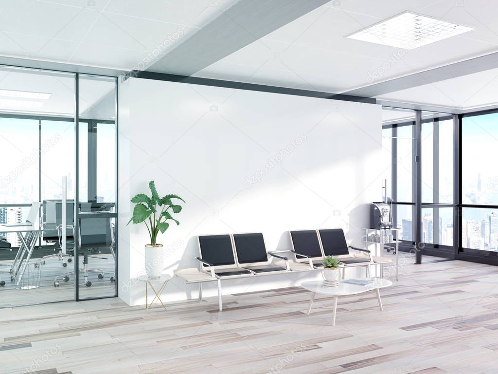 Blank white wall in bright concrete waiting room with large windows Mockup 3D rendering