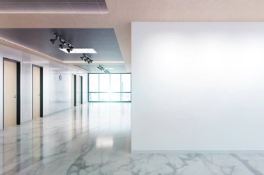 Mermer ve ahşap ofis mockup büyük pencereler ile boş duvar