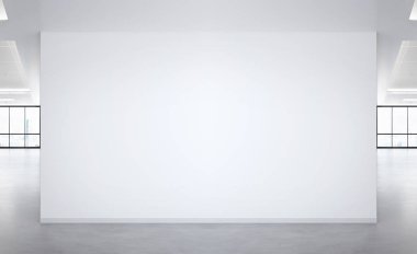 Büyük pencereler ve güneş pa ile parlak ofis mockup boş duvar