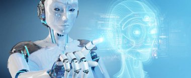 Dijital yapay zeka kafa Interfac kullanarak beyaz robot