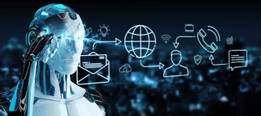 Beyaz robot sosyal ağ simgeleri arabirimi denetleme