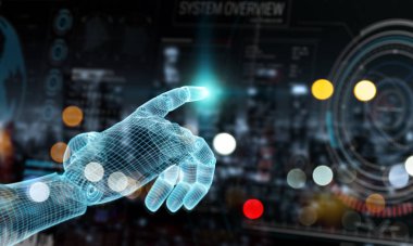 Wireframed mavi robot el karanlık arka grafik arabirimde dokunmadan