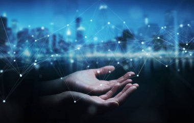 Nokta ile yüzen dijital ağ bağlantılarını kullanan işadamı