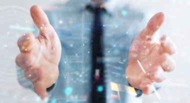 Verileri 3D ile dijital teknolojik arayüz kullanan işadamı 