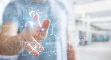 Verileri 3D ile dijital teknolojik arayüz kullanan işadamı 