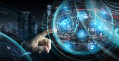 Verileri 3D ile dijital teknolojik arayüz kullanan işadamı 