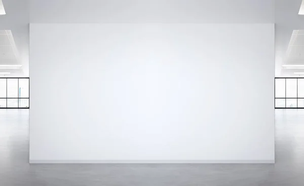 Blank wall in bright office mockup with large windows and sun pa — Stock Photo, Image