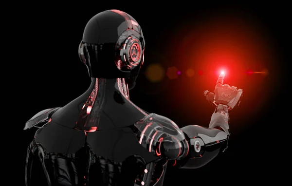 Black and red intelligent robot cyborg pointing finger on dark 3 — Stock Photo, Image