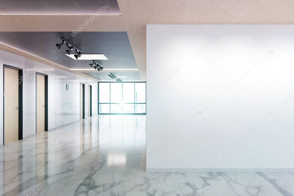 Blank wall in bright marble and wooden office mockup with large windows and sun passing through 3D rendering