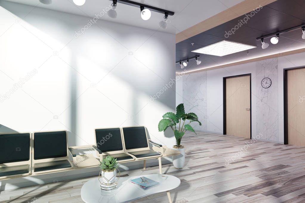 Blank white wall in wooden waiting room Mockup 3D rendering