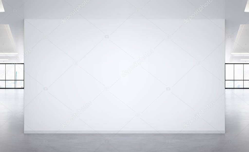 Blank wall in bright office mockup with large windows and sun passing through 3D rendering