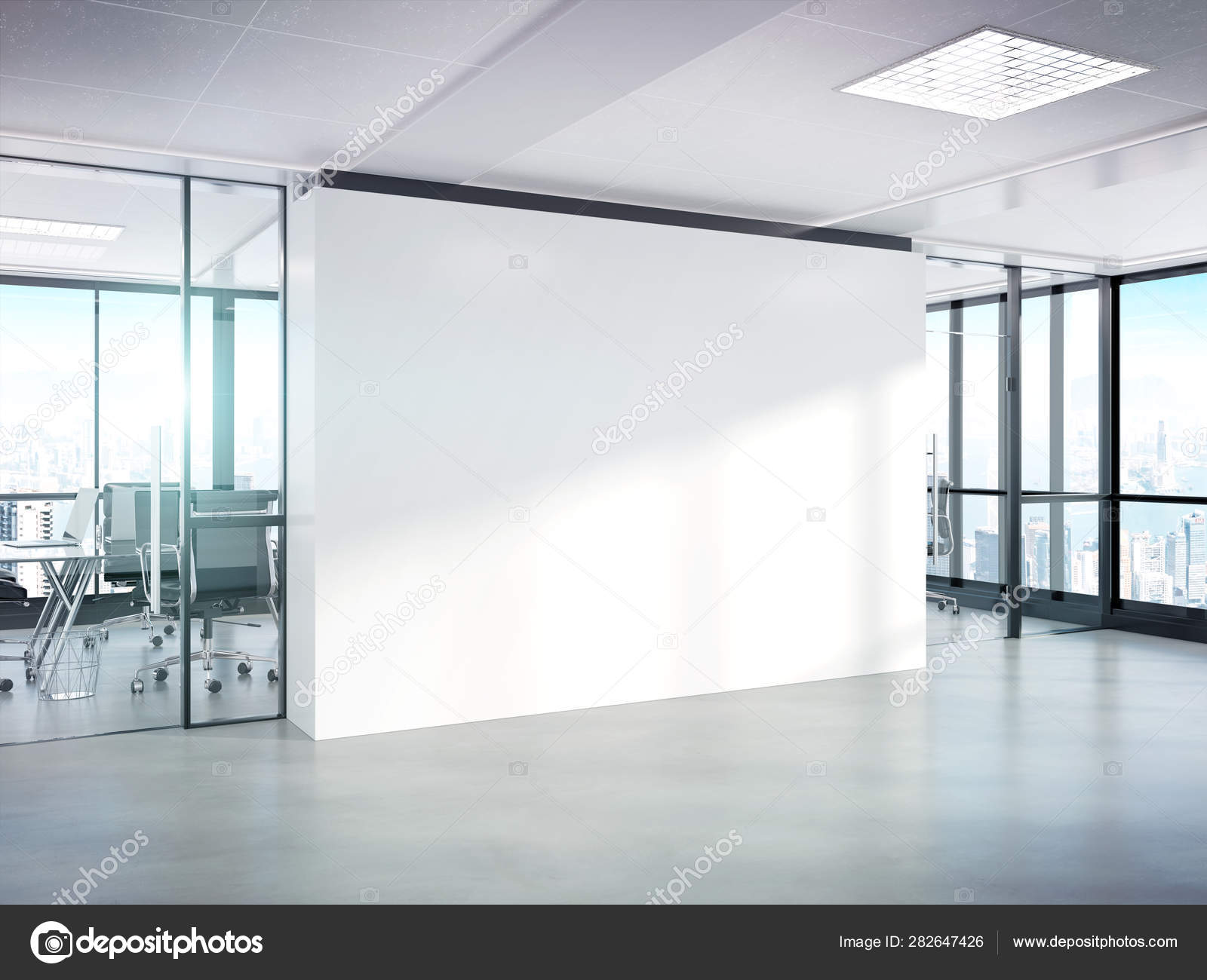 Blank white wall in concrete office with large windows Mockup 3D Stock  Photo by ©sdecoret 282647426