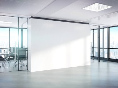 Büyük pencereler Mockup 3d ile beton ofiste Boş beyaz duvar
